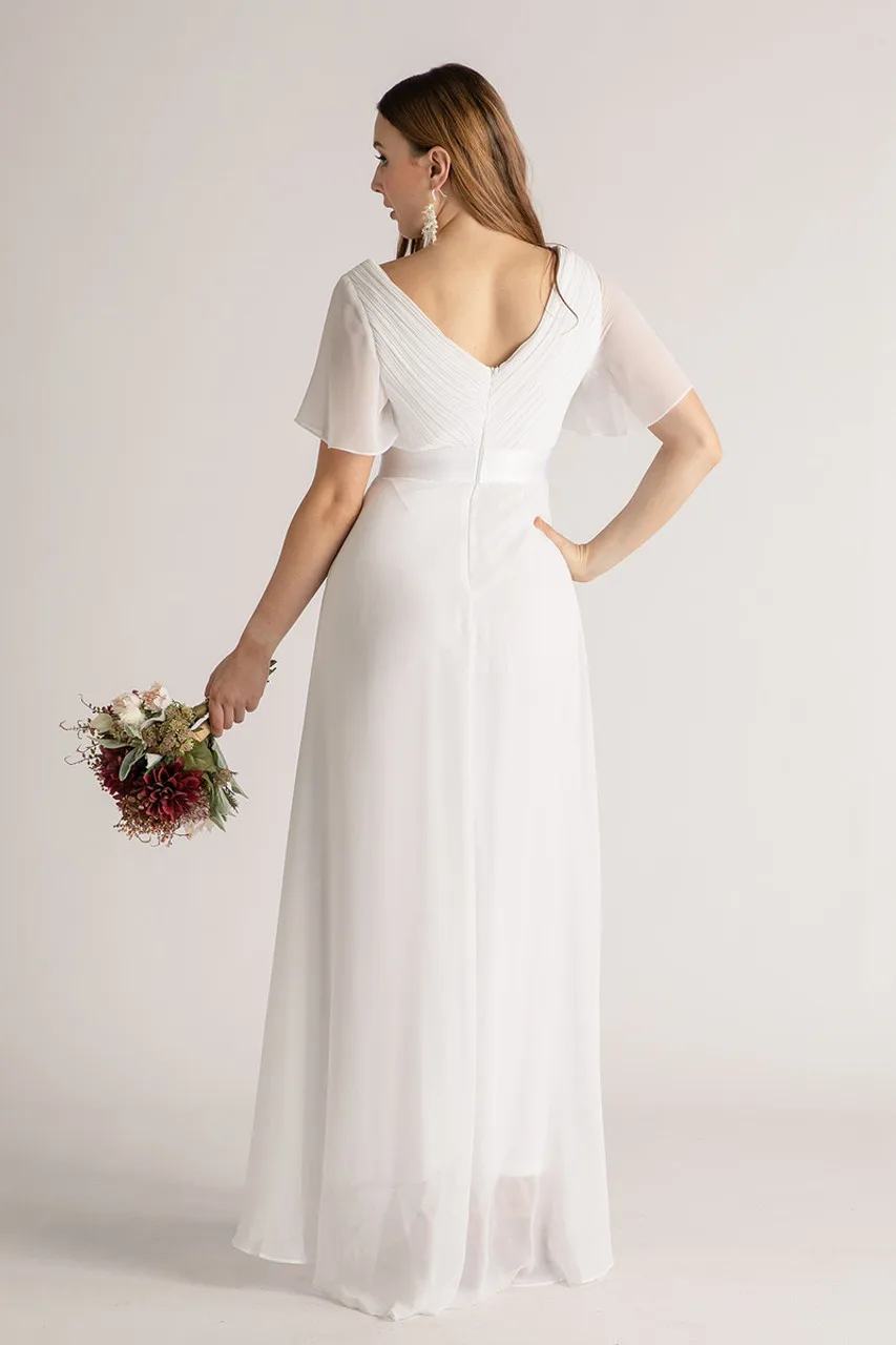 BABYONLINE Simple Bridesmaid Dress A Short Sleeved Chiffon Dress with A Satin Belt Fully Lined Zip Up Back Wedding Guest Gown