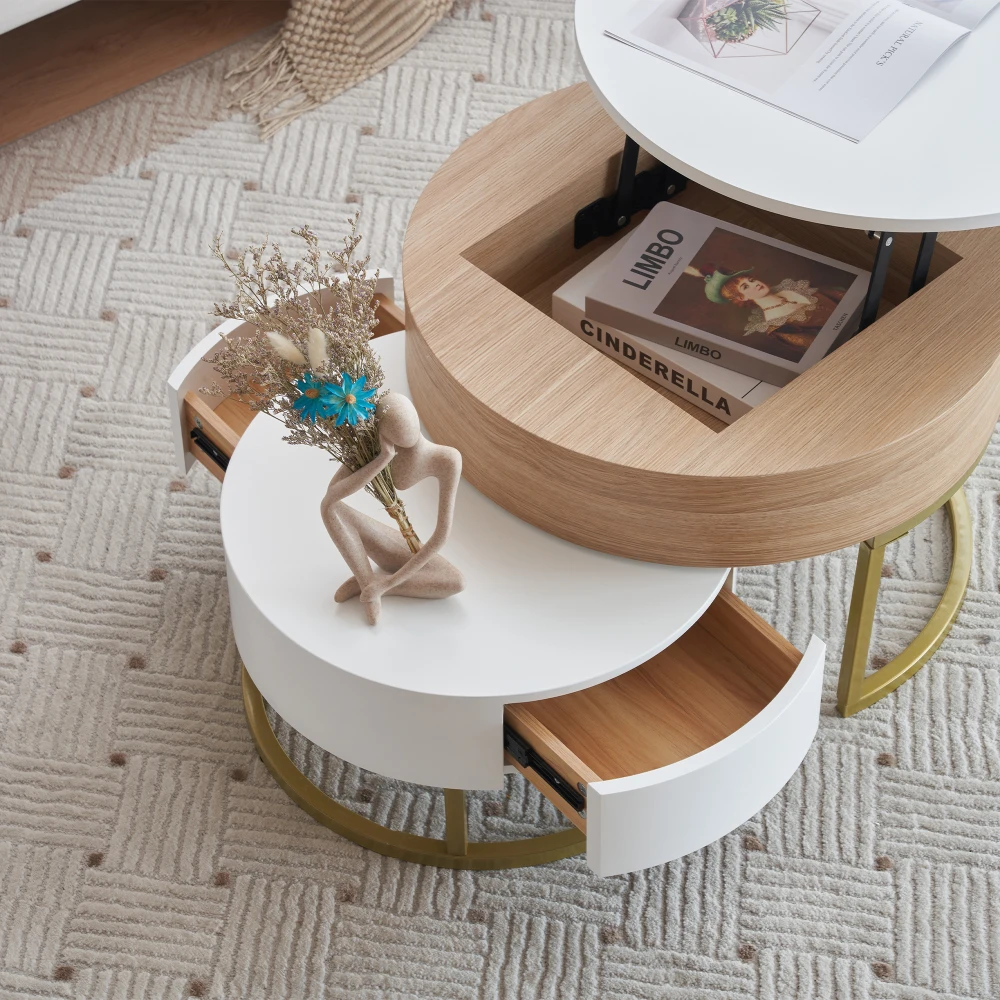 PINGGO Gold Klappbarer Sofatisch mit Zwei Schubladen 2-teiliges Set Sitztisch Beistelltisch für Wohnzimmer – Detail 17