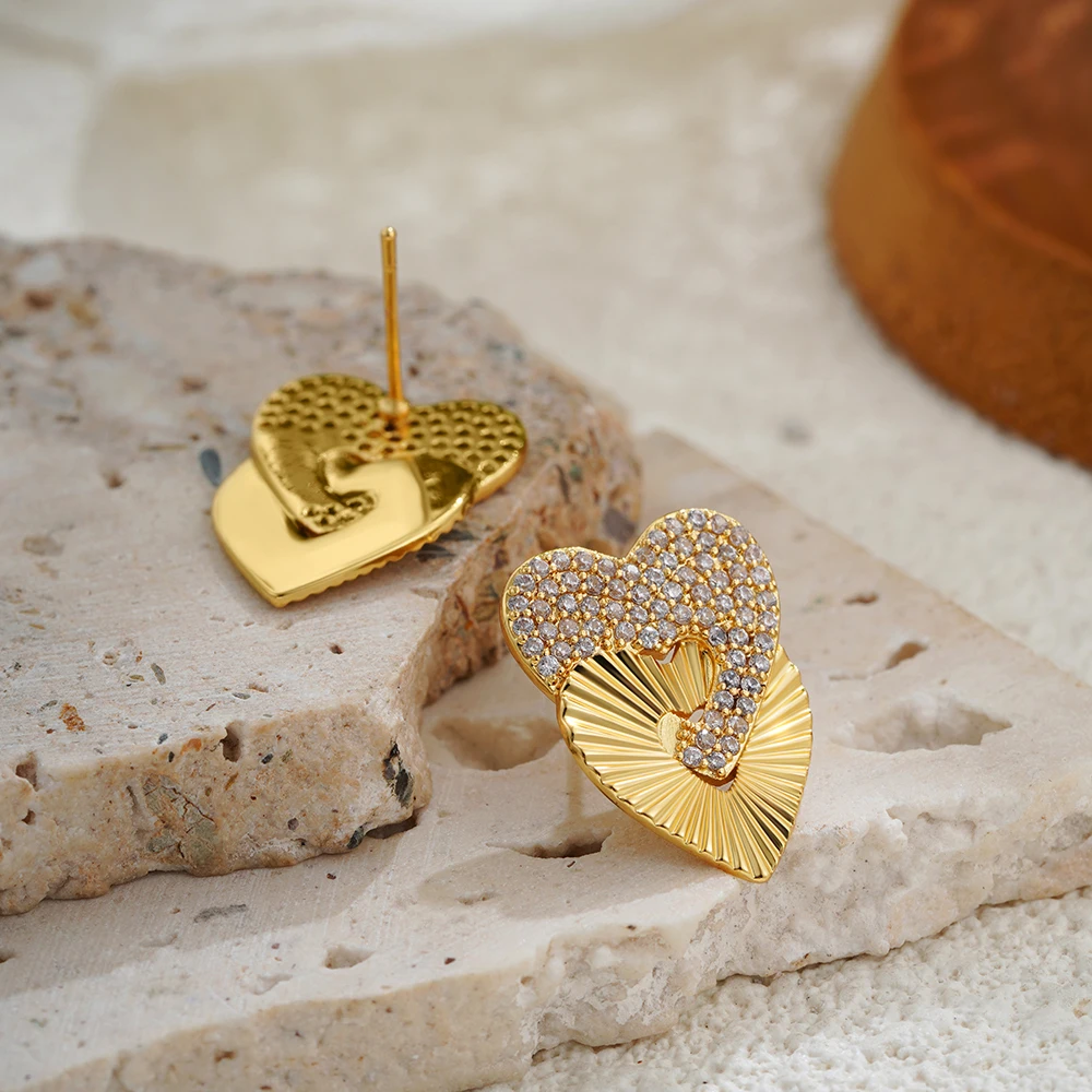Italian Designer's Style Double Love Heart Shiny Crystal Studs Creative 18K Gold Plated Hypoallergenic Textured Earrings Gifts
