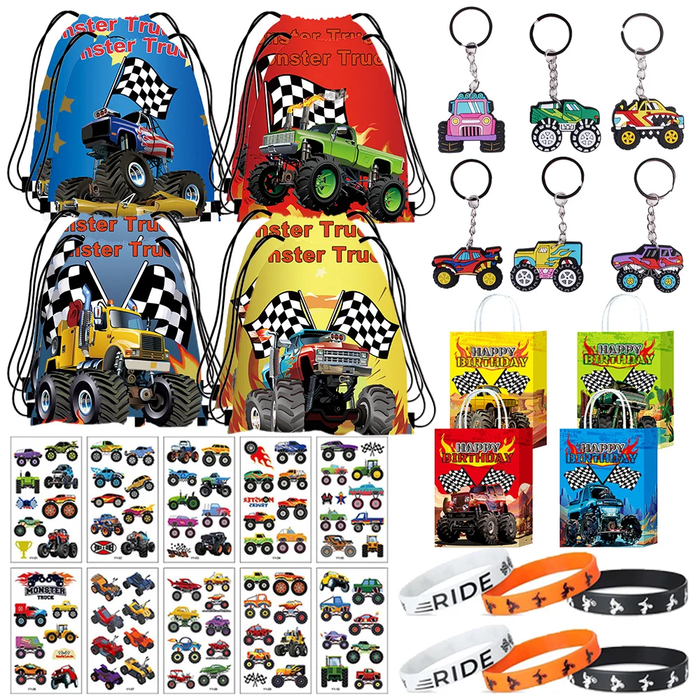 Monster Truck Party Geschenktüte Kordelzug Rucksäcke Rennthema Leckerli Tasche Tattoo Aufkleber Monster Truck Boy Geburtstagsdekoration