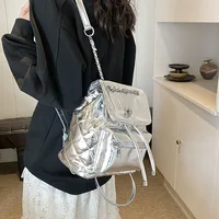 Brand Designer Laser Shiny Patent Leather Women's backpack  Casual Chain Drawstring Lock  Bucket School Bag Travel Bag 2