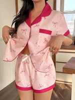 Ensemble deux pièces confortable à pois color-block avec haut à manches courtes à revers et nœud papillon, et short à nœud papillon, ensemble pyjama et loungewear pour femme printemps-été 6