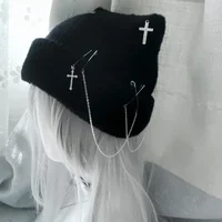 Gothic Knitted Beanie Hat for Women Y2K Cat Ear Hat Handmade Crochet Skull Hat Female Teens Subculture Headwear 1