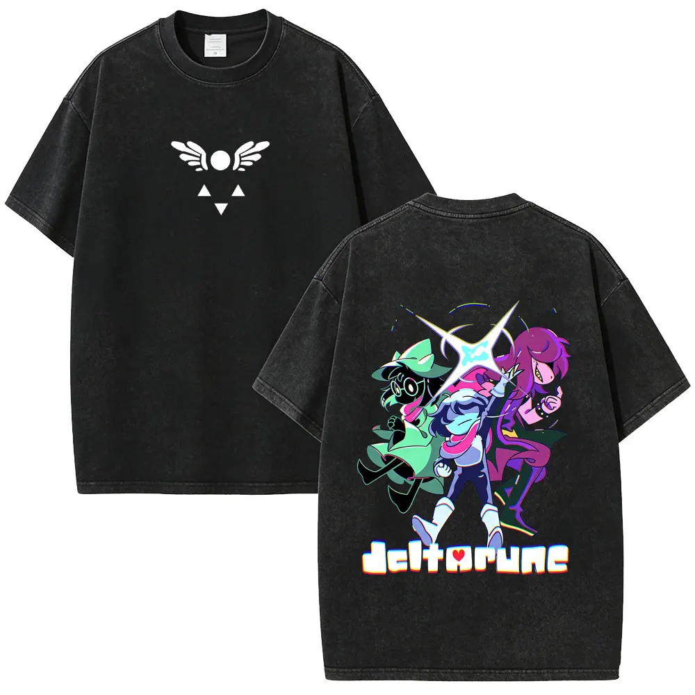 Gewaschenes Vintage-Spiel Deltarune Ralsei Susie Kris Doppelseitig Bedrucktes T-Shirt Herren Casual Humor T-Shirts Unisex Oversized T-Shirt