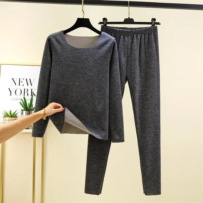Autumn and winter plus velvet and fat plus size warm suit for women seamless inner wear autumn clothes autumn trousers round