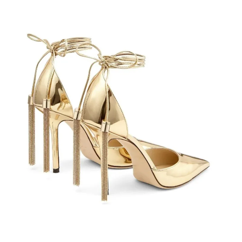 

Sexy Tassel Gold Stiletto Heels Summer Pumps Women Pointed Toe Lace-up Ankle Strap Sandals Ladies High Heels Dress Party Shoes