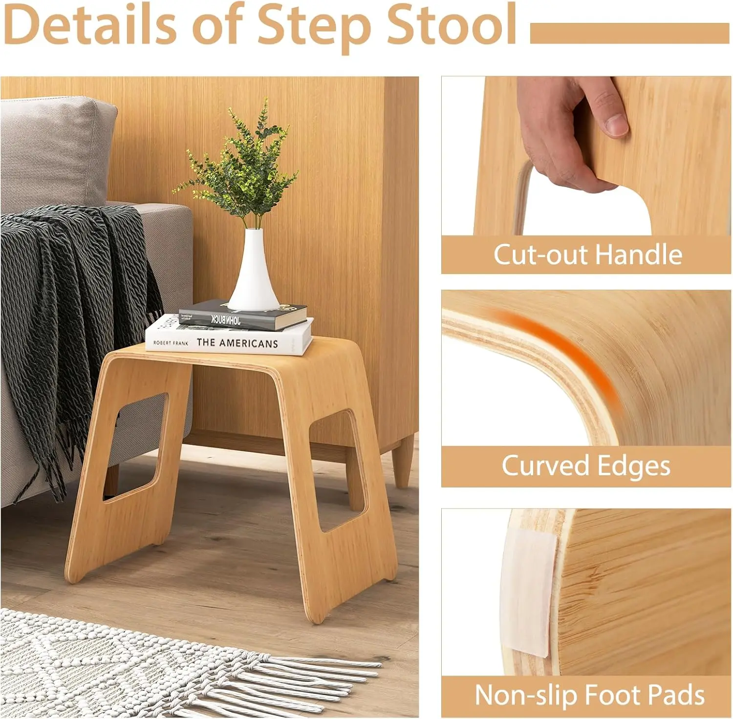Stackable Bamboo Stools Set of 4, Leisure Seat Stools with Anti-Slip Foot Pads, Heavy Duty Home Shoe Changing Stool 5