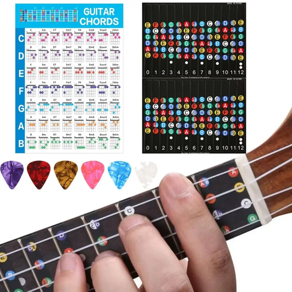 Guitar Chord Chart Poster with Fingering Diagrams & Picks - Coated Vinyl Paper