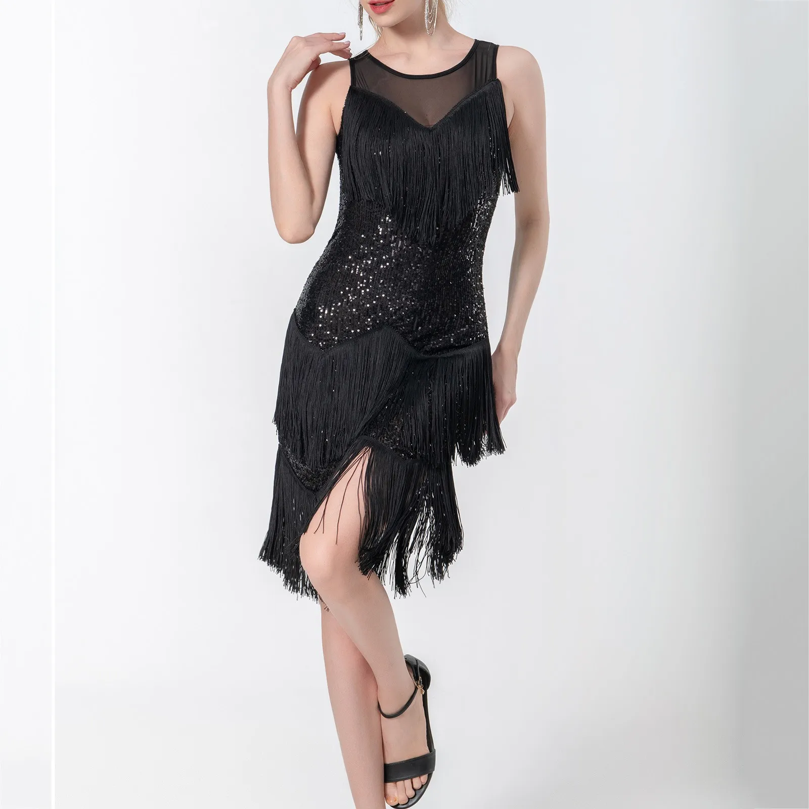 

Ladies Shiny Tassel Latin Dance Dress Rumba Cha Tango Samba Stage Performance Costumes Women Sequins Fringe Elegant Long Skirt
