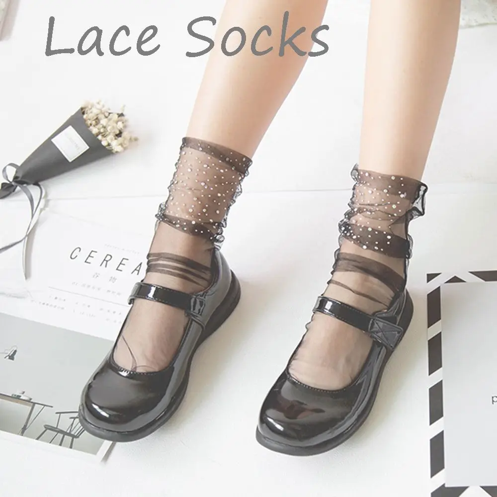 

Ladies See Through Lace Rhinestone Elastic Glass Silk Mesh Sock Short Socks Ankle Socks Transparent