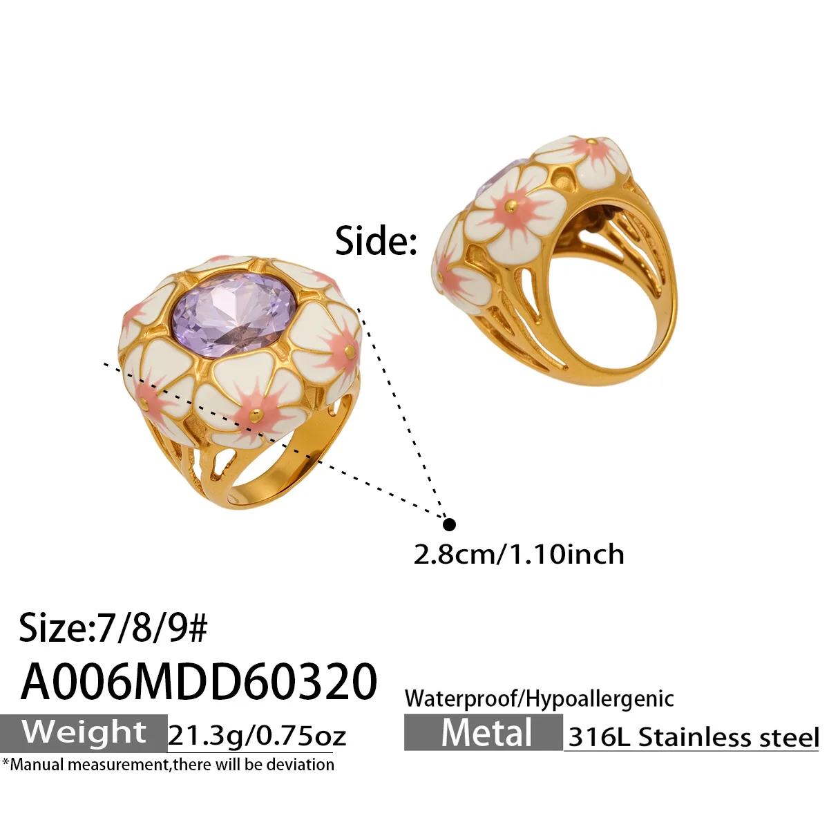 Vintage Blumen-Emaille-Design Kuppelring Statement Edelstahl Chunky Ringe 18k Vergoldet Großer Funkelnder Steinring für Damen – Detail 2