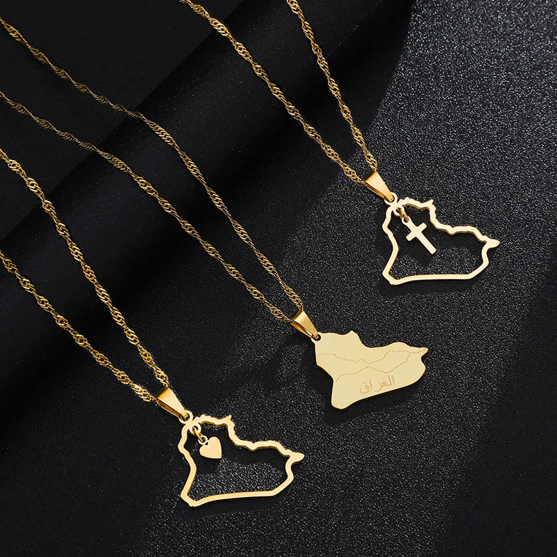 Mode Republik Irak Karte Anhänger Halskette Edelstahl Männer Frauen Herz Kreuz Karten Schmuck Geschenk