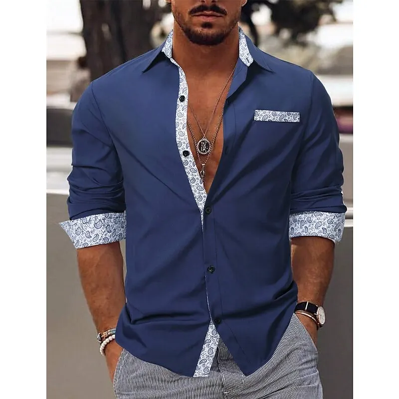 Men's Button Down Shirt Long Sleeve Paisley Color Block Lapel Daily Resort Patchwork Fashion Casual Comfortable Smart Casual