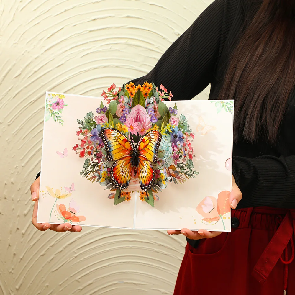 Ins Style 3D Large Butterfly Flower Folded Greeting Card Handmade Foldable Ornament Holiday Romantic Gift Christmas Wedding Card