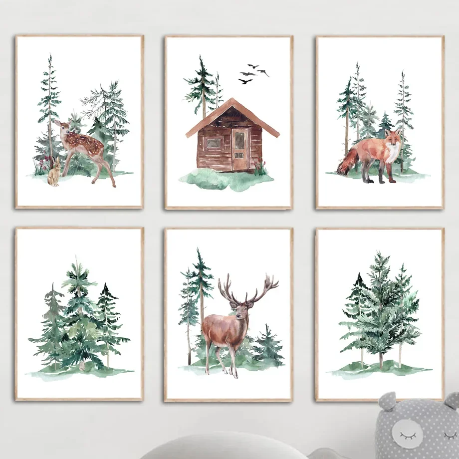 

Christmas Deer Fox Rabbit Pine Forest Watercolor Nursery Art Canvas Painting Nordic Posters Prints Wall Pictures Kids Room Decor