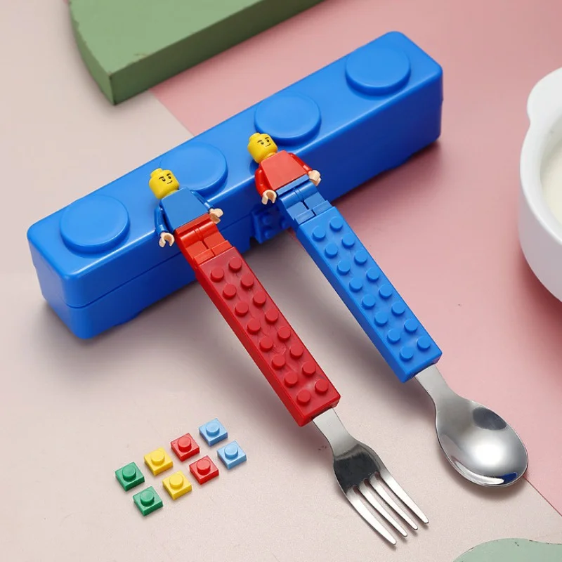 

Stainless Fork and Spoon Set Kids Portable Storage Cartoon Tableware Fun Children Building Block Puzzle Toys Fruit Fork Spoon