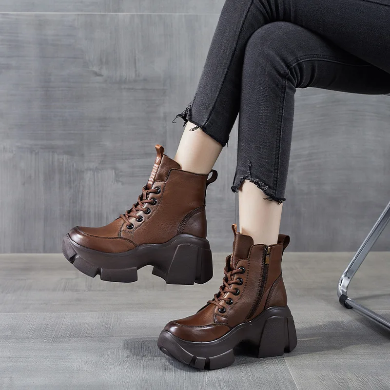 

7cm Retro Natural Genuine Leather Autumn Ankle Boots British Spring Wedge Comfy Designer Winter Plush Platform Women Lady Shoes