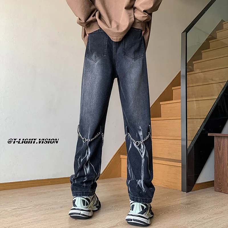 Men Tie Dye Gradient Color Brown Jeans Mens American Retro Jean Pants High Street Trendy Brand Chain Design Cargo Pants Techwear