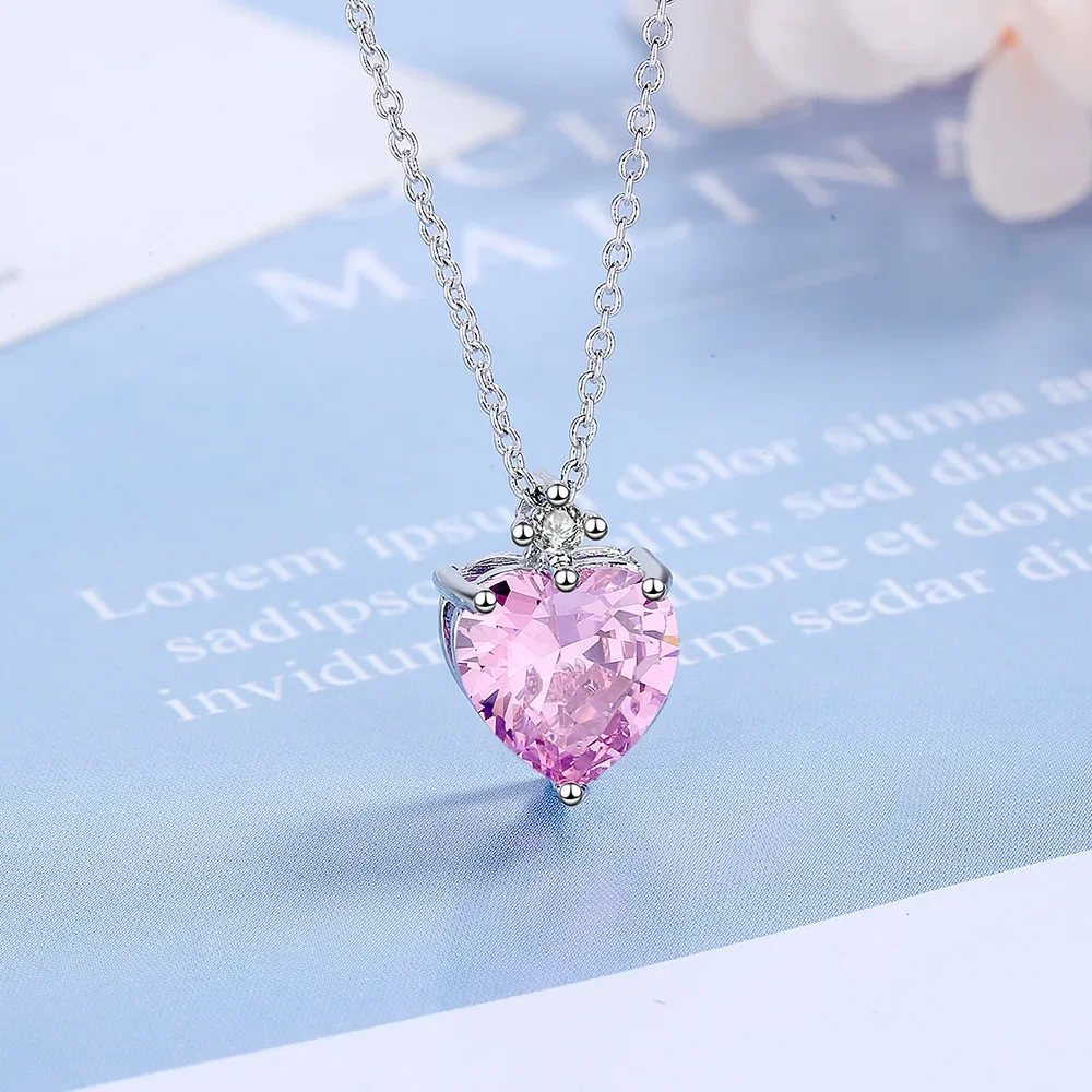 S925 Sterling Silver Diamond Heart-Shaped Pink Pendant Clavicle Chain Necklace (40cm + 5.0cm)