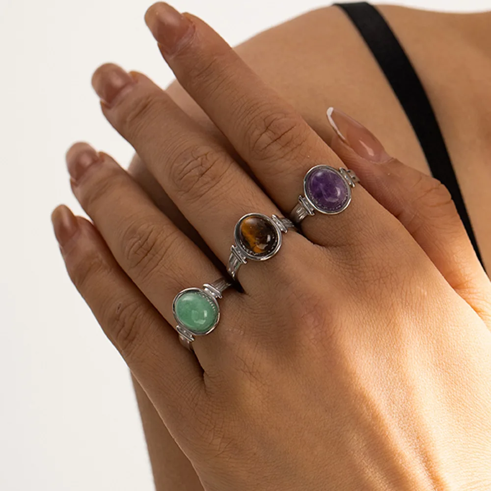 

ALLNEWME Waterproof Jewelry Silver PVD Plated Stainless Steel Colorful Natural Stone Round Open Adjustable Charm Rings for Women
