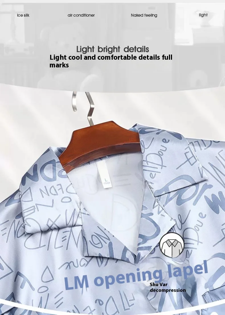 Großes Herren-Pyjama-Set aus Eisseide, Cartoon-Bär, kurzärmelig, zweiteilige Studenten-Nachtwäsche mit Knöpfen und Hosen, Jugend-Studenten-Nachtwäsche – Detail 3