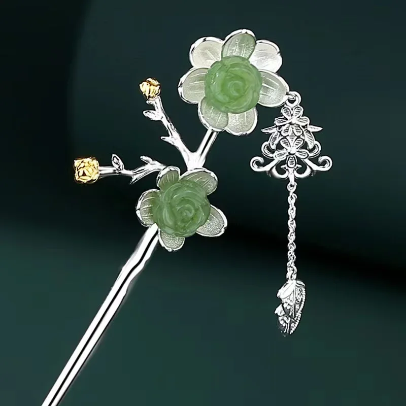 

Jasper Rose S925 Sterling Silver Hairpin With Antique Style High Grade Panning Hair Tassel Silver Hairpin Children's Headwear