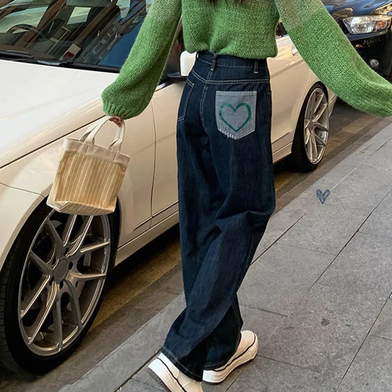

Dark Blue Loose Wide Leg Pants 2023 Early Autumn New Love Pocket High Waist Straight Leg Jeans for Women