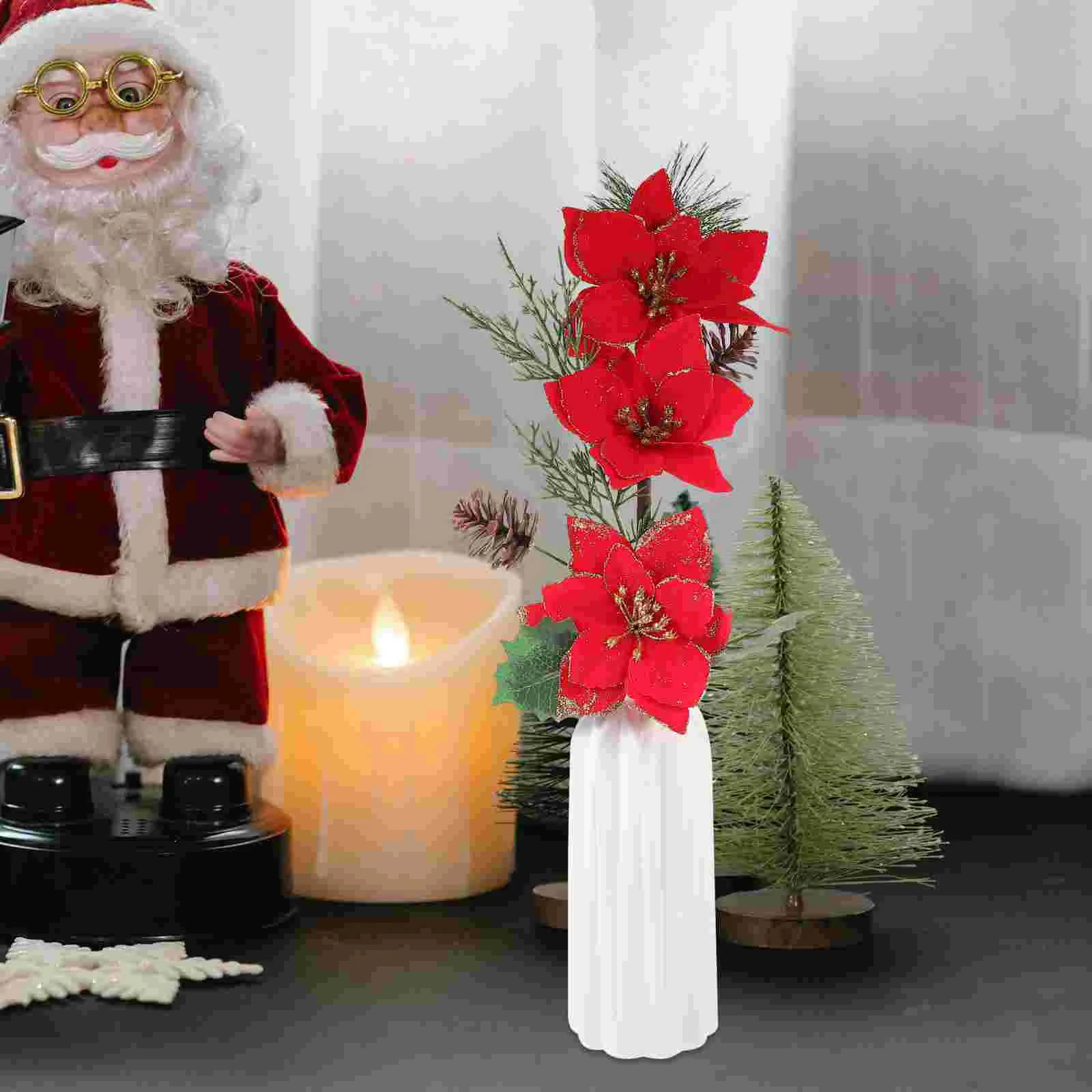 

Christmas Poinsettia Flower Picks Artificial Pine Needles Branches Pine Cone Twigs Faux Stem Diy Xmas Tree Ornaments Wreath