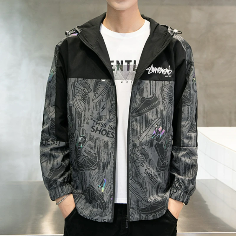 High Street Jacket Men's Autumn New Arrival Harajuku Trendy Comic Print Reflective Hooded Coat Hip-Hop Casual Loose Windbreaker