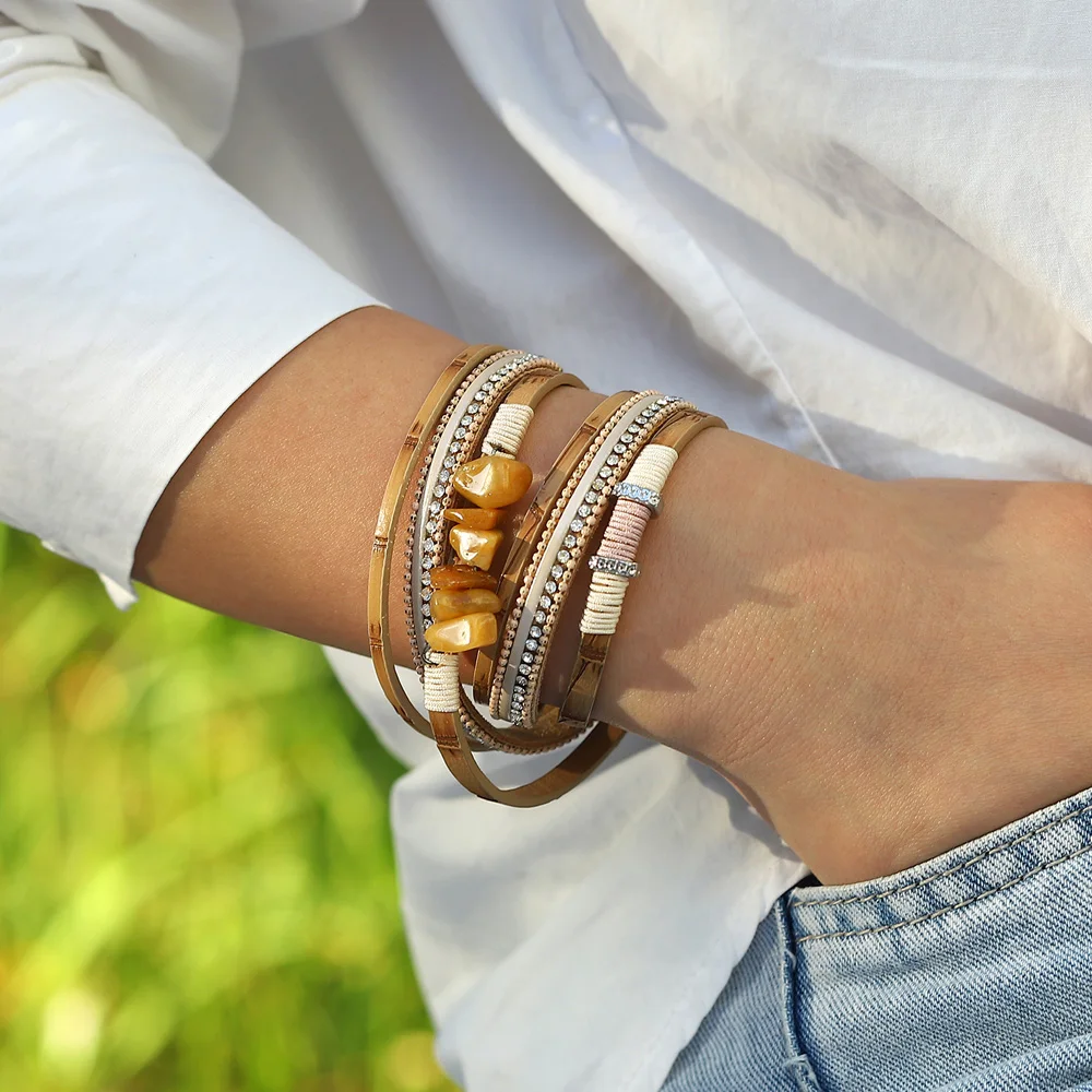 

Браслет женский многослойный из бамбуковой кожи с натуральным камнем