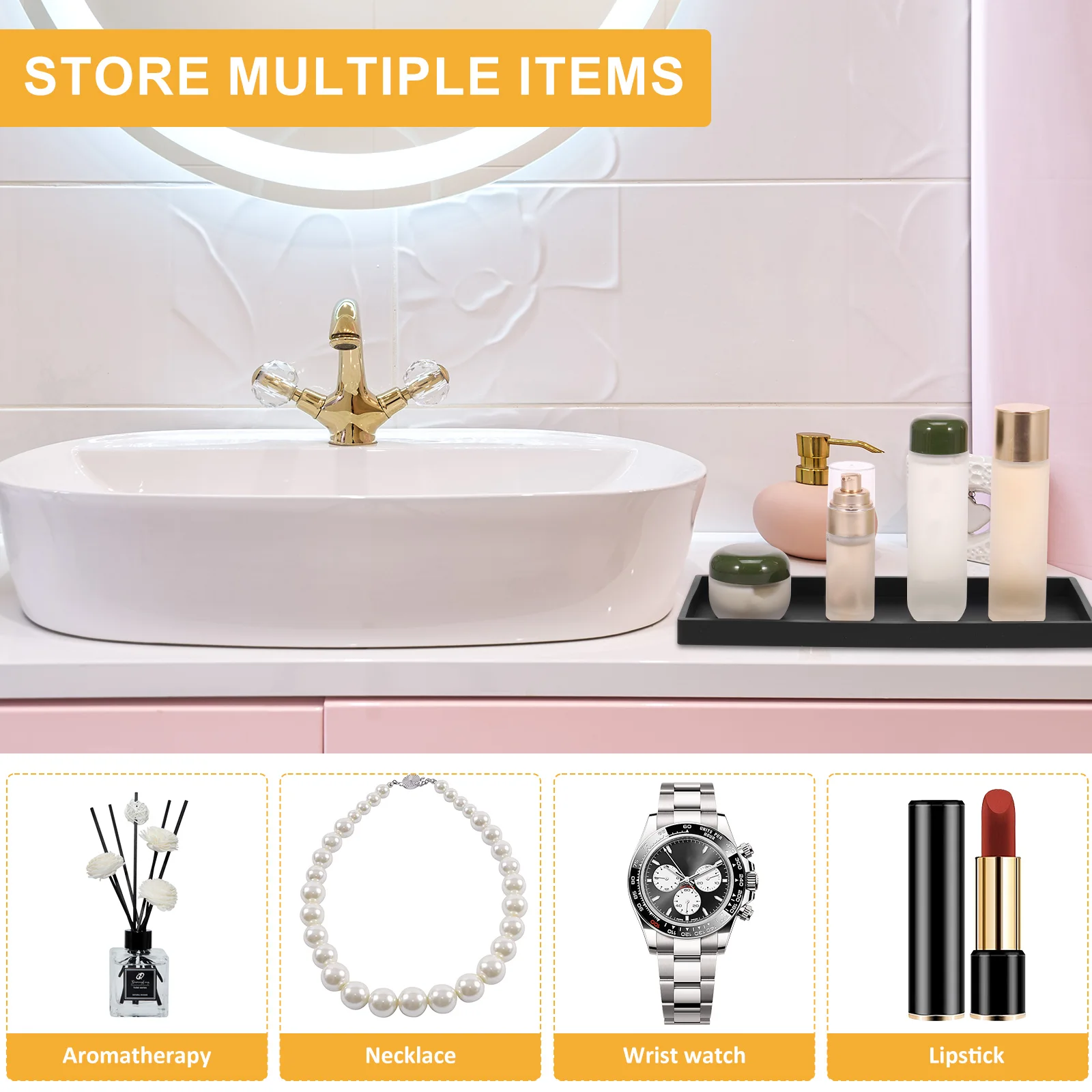 2Pcs Bathroom Vanity Tray Rectangle Countertop Storage Organizer Kitchen Sink Tray Shatterproof Non-Slip Silicone Bathroom Tray