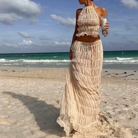 Women Boho Sexy Backless Matching Suit 2 Piece Beach Holiday Outfits Vintage Ruched Halter Cami Tops + Maxi Long Skirt Party 1