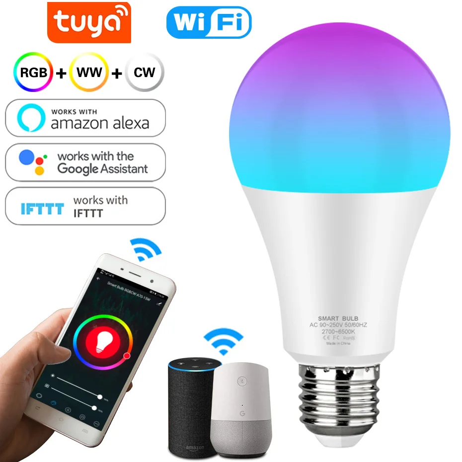 

Tuya Wifi LED Light Bulb E27 18W 12W Dimmable RGB Lamp RGBCW RGBWW Smart Life APP Control 220V For Home Decoration Alexa Google