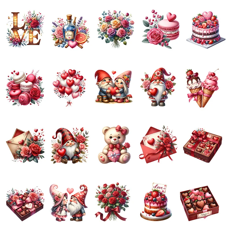 Valentine's Day Stickers Set of 20 Love Heart Gnome Rose Cake Pattern Red Romantic Valentine Stickers