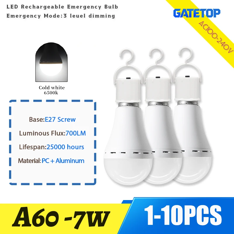 หลอดไฟ LED แบบชาร์จได้ A60 ขนาด 1-10 ชิ้น ขั้ว E27 7 วัตต์ หลอดไฟฉุกเฉิน AC100-240V สำหรับใช้ในบ้าน ไฟสำรองสำหรับตั้งแคมป์กลางแจ้ง ไฟสำหรับกรณีไฟดับ ไฟระเบียง ไฟสวน 1