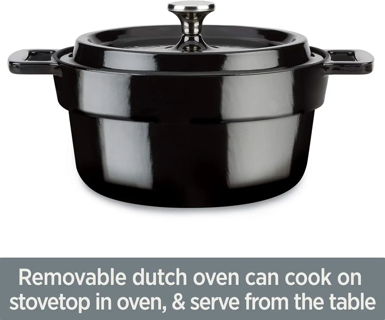5 Quart 7-in-1 Electric Slow Cooker with Stainless Steel and Cast Iron, 1200W - Black Enamel Crock 4