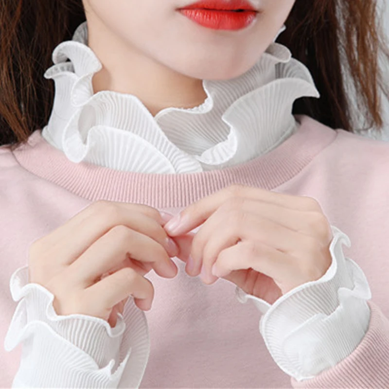 

Women Sweet Layer Agaric Ruffles Stand Fake Collar Button & Cuffs Sweater Blouse Detachable Shirt Collars False Lapel Top Tie