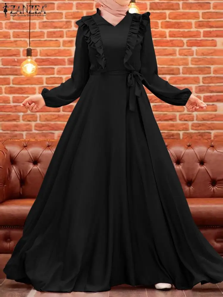 

Robe Isamic Clothing Autumn Muslim Maxi Sundress ZANZEA Women Full Sleeved Satin Long Vestidos Turkey Abaya Ruffles Hijab Dress