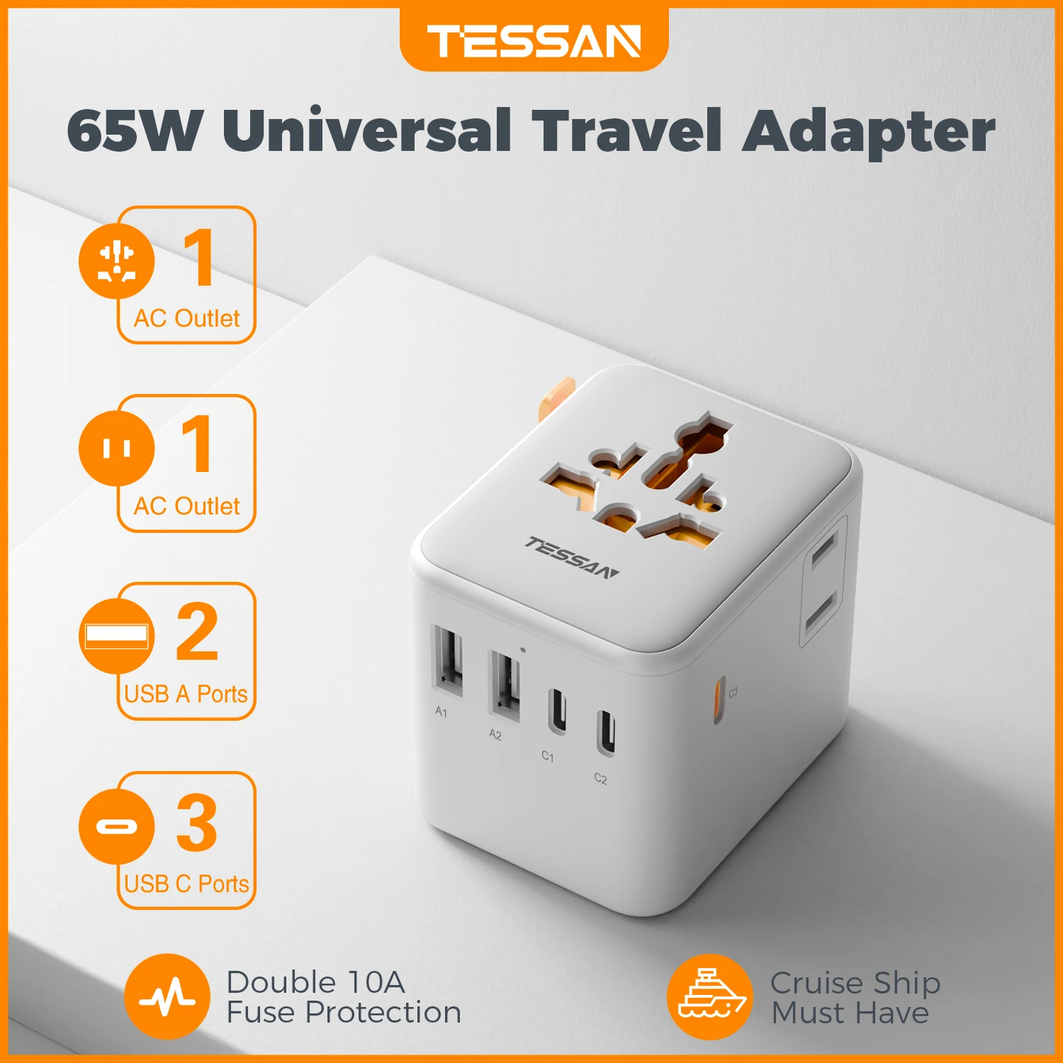 TESSAN Universal Adapter Worldwide with USB C GaN 65W PD Travel Plug Adapter with 2 USB A Ports 3 C Ports and Socket
