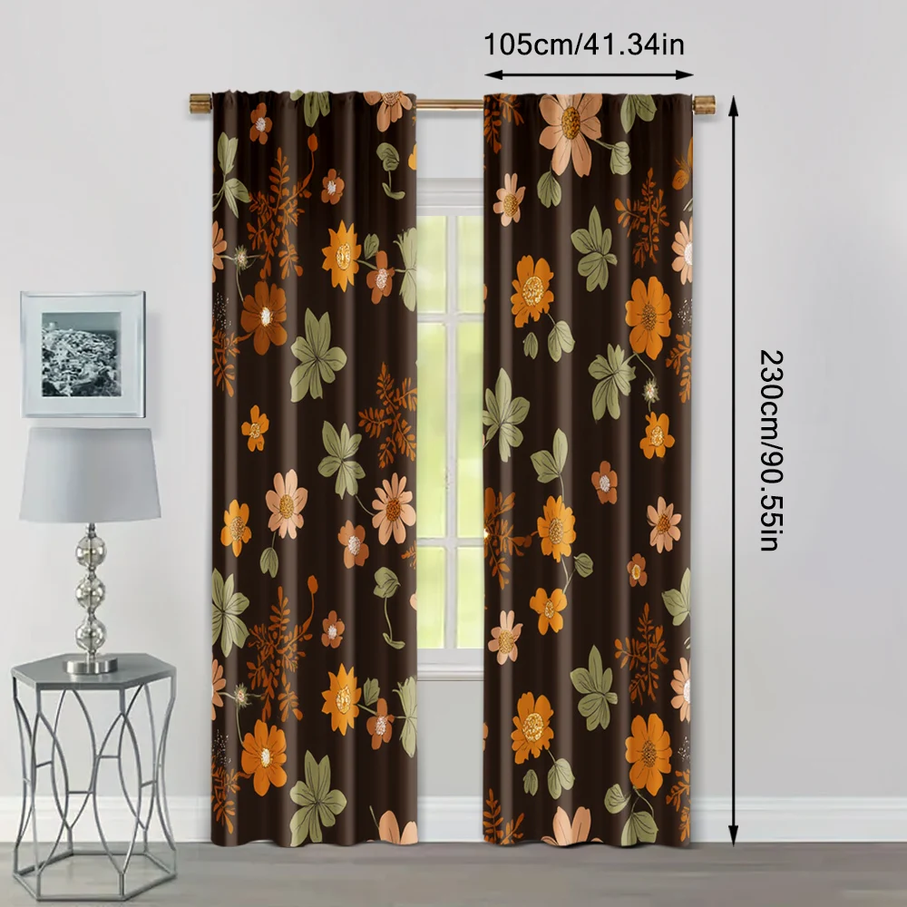 2pcs, Window Curtain Boho Leaf & Black Flower Peel 100% Polyester (without rod) Decorations For Home Use for Living Room, 4