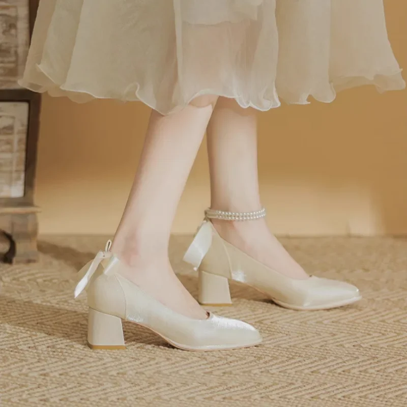 2025With Medium Heels Woman Pumps Square Toe Pearl Shoes for Women On Sale Young Promotion Spring Fashion Wedding Bride Shoe