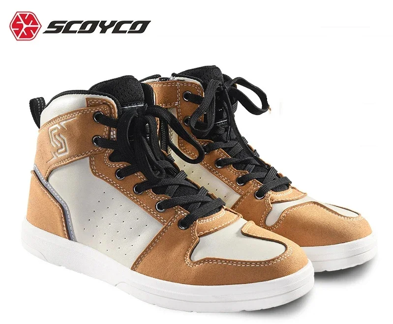 New Men Motorcycle Boots SCOYCO Cowhide Microfibe Leather Breathable Motocross Shoes Anti-skid Moto Biker Wear-resistant