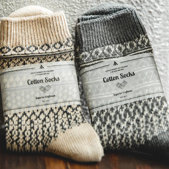 Maden Amekaji Crew Socks Vintage Patterns Winter Men’s Knitted Socks Thicken Warm Men Retro Style Fashion For Snow Boots 2023