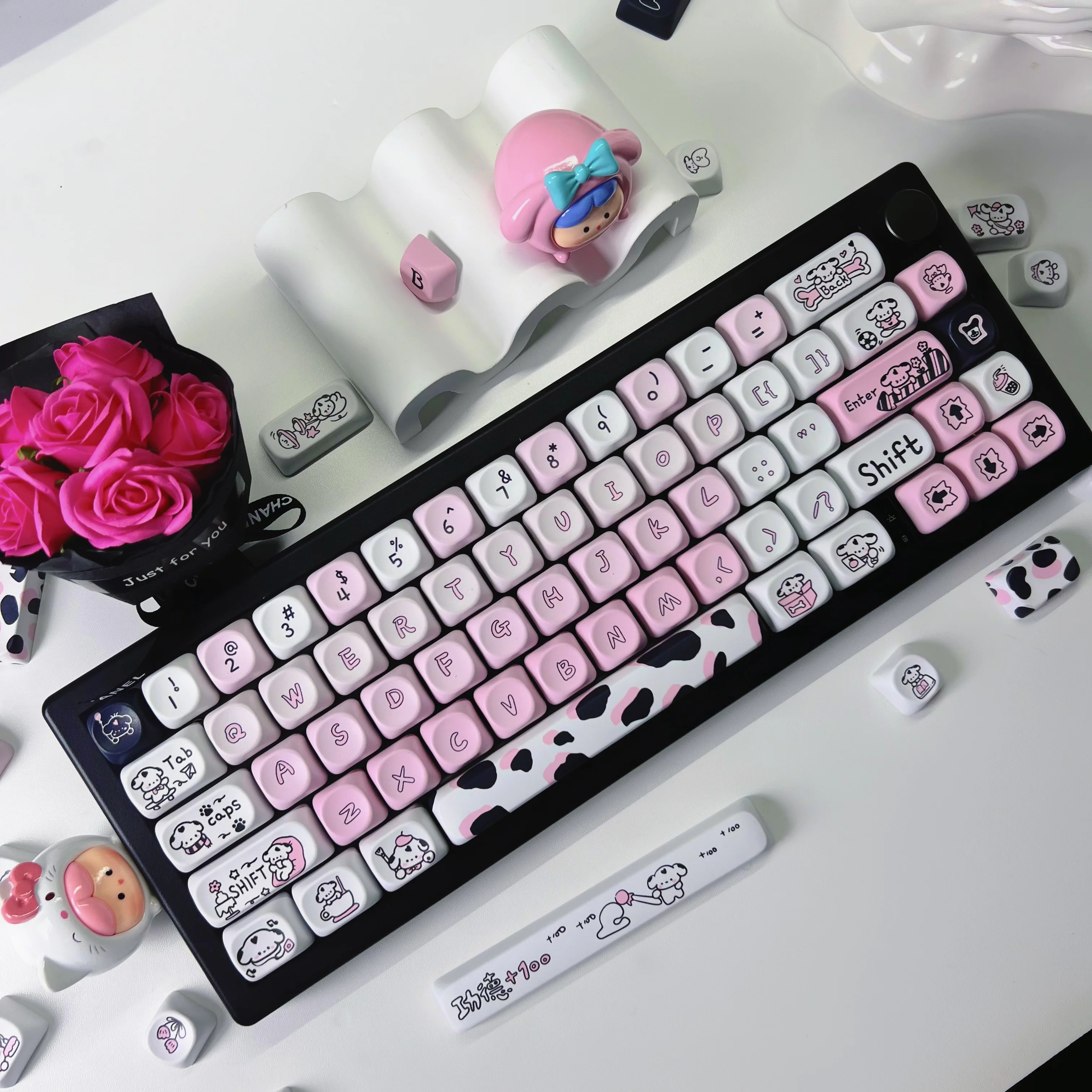Manchado Puppy Moon Keycap Teclado tipo de Sublimação Faça Você Mesmo Teclado Mecânico Lua Rosa Layout 75 87 98 Branco - Imagem 6