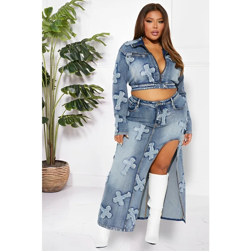 Washed Denim Embroidered Two Piece Set Women Outfits 2023 Winter Fashion Sexy Long Sleeve Zipper Short Jacket Split Long Skirt