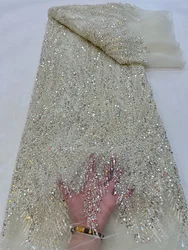 New Arrival Beaded French Net Lace fabric White African Tulle Lace Fabrics With Sequins Embroidery For Party Dress RF375