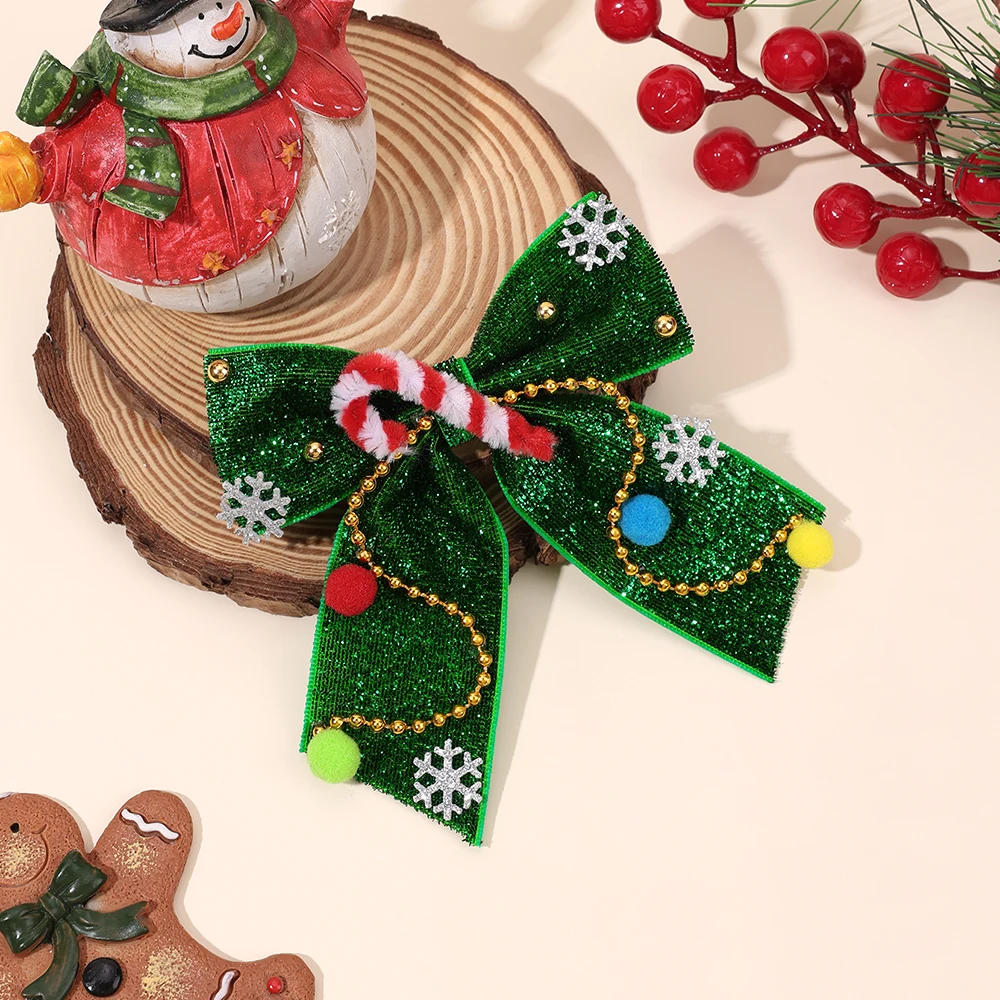 New Year Christmas Bow Hair Clips Christmas Tree Decoration Hairpins Glittery Colorful Pom Poms Barrette For Girls Accessories