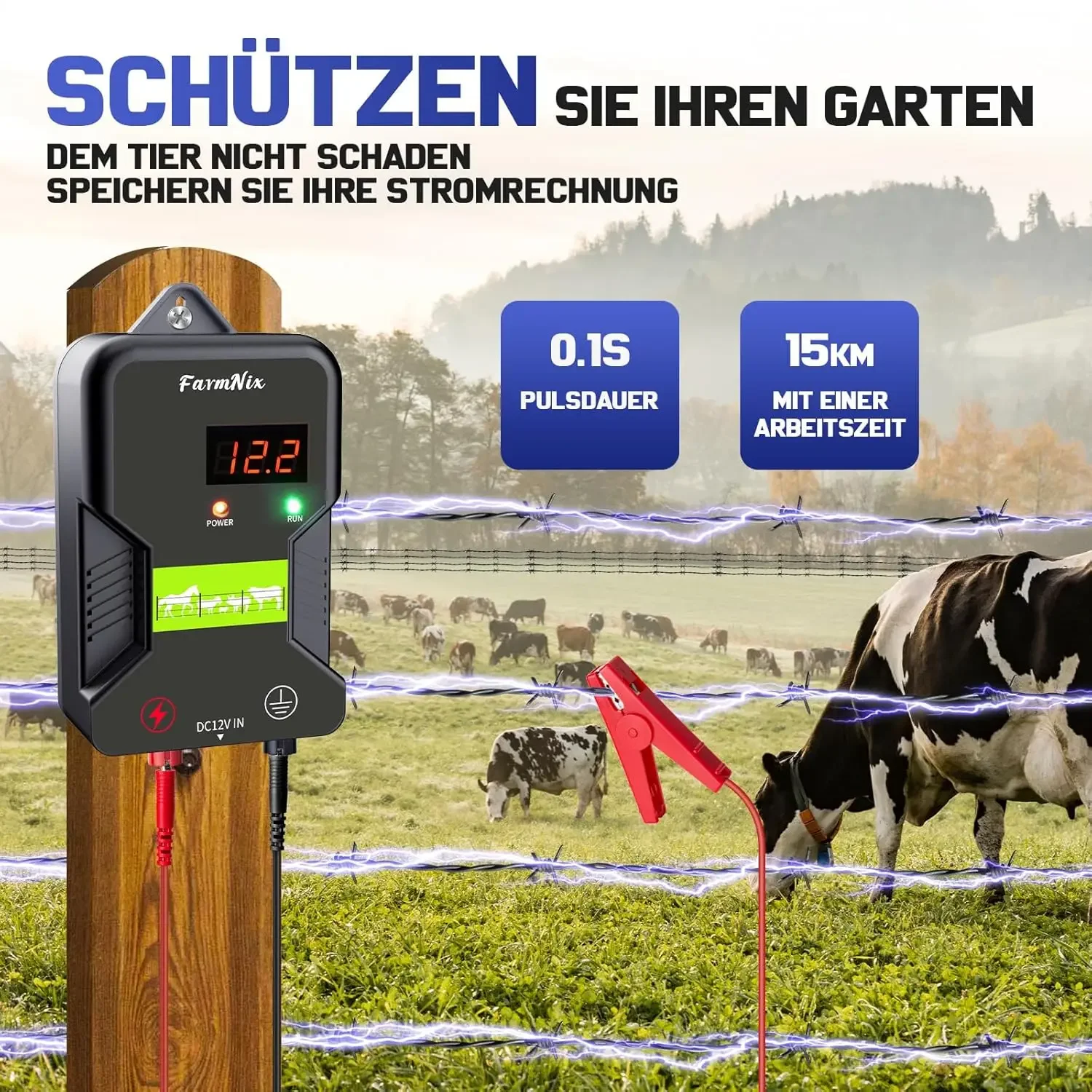 15KM/9.32Miles Electric Fence Energizer 2 Joule With LCD Display 12KV Energizer Controller for Farm Livestock Cows Cattle Horse