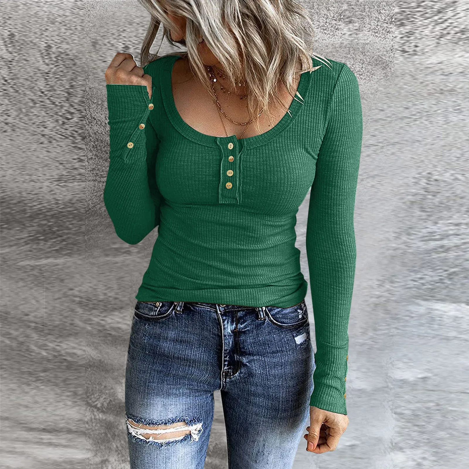 

Ladies Long Sleeve Pure Color Simplicity T Shirts Button Slim Fit Stretchy Tops Scoop Neck Ribbed Knit Shirts