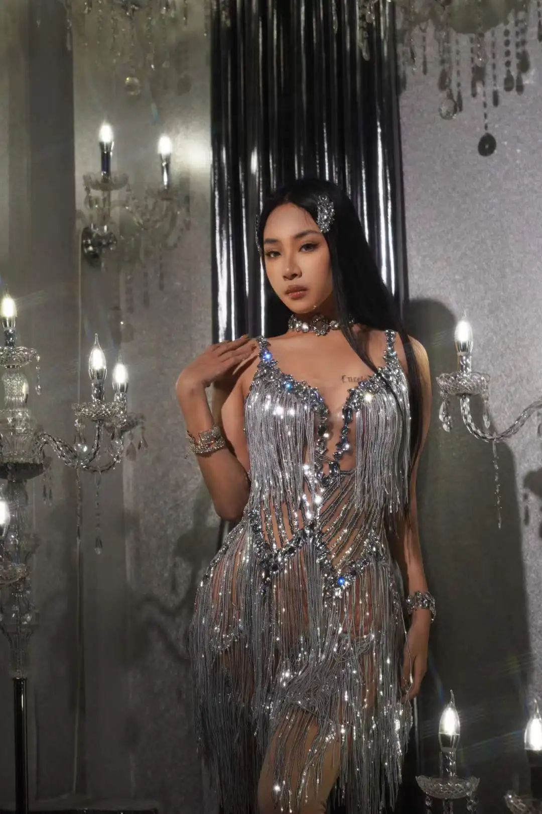 Dance Dress Rhinestones Dress Women Dance Costume Stage Performance Costume Sexy Evening Dress Stunning Silver Celebrate Birthday Queen Women Rhinestone Dress Nightclub DJ DS GoGo Stage Wear Singer Mesh Transparent Costume